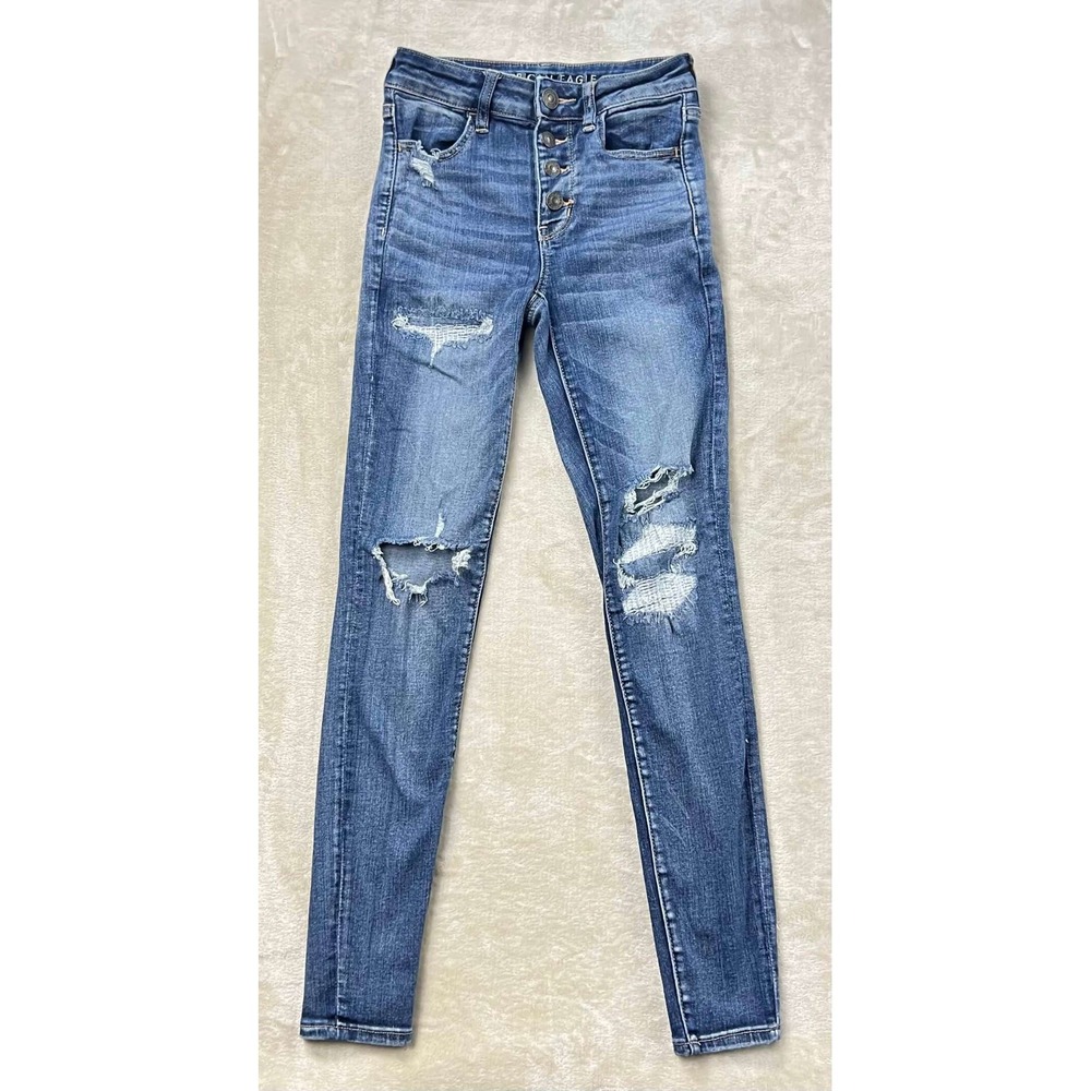 American Eagle Next Level Stretch High Waisted Distressed Skinny Jeans Blue 4R